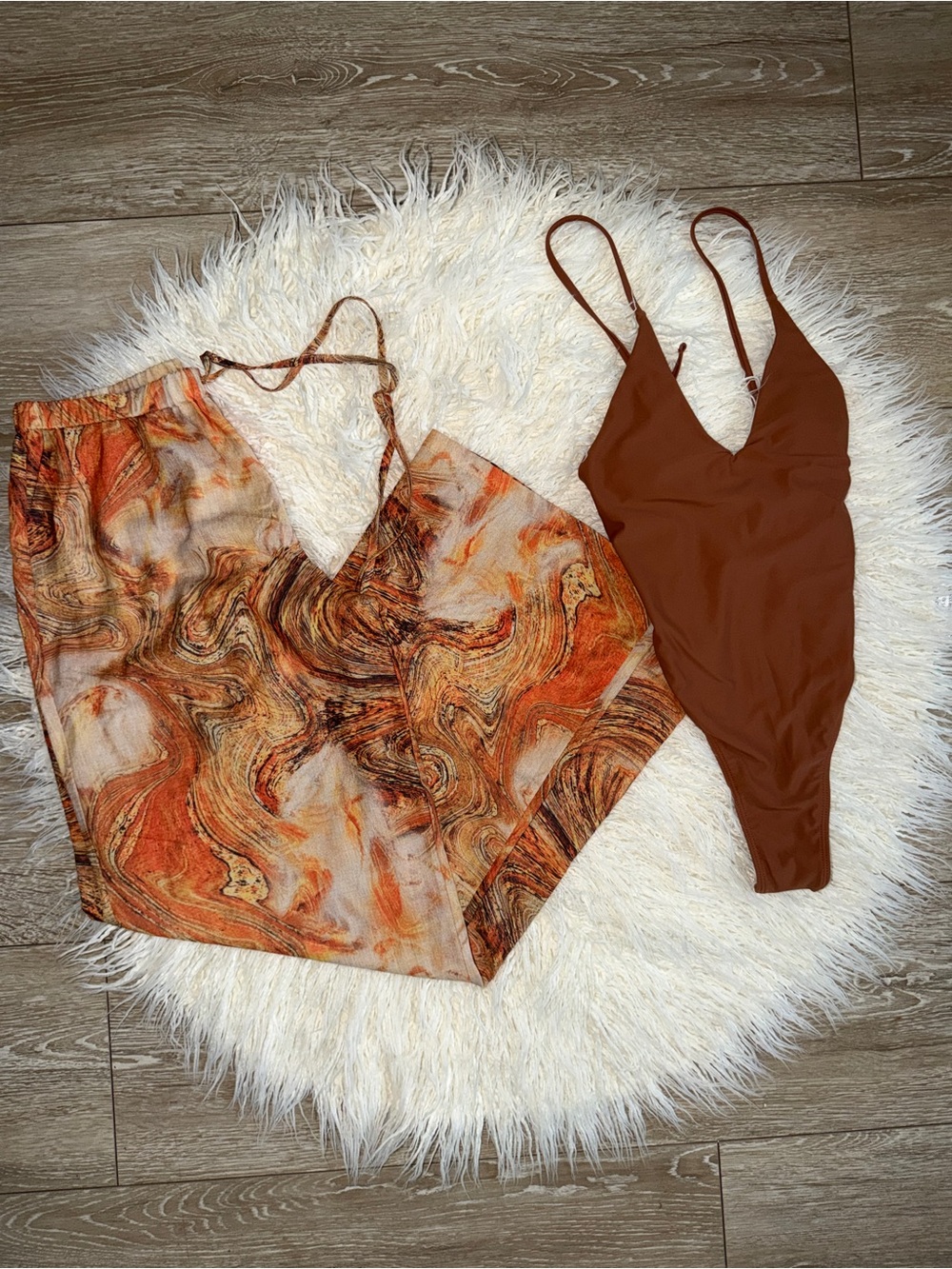 PrettyLittleThing Rust Brown Marble Swimsuit and Cover-Up Set …